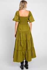 Light Olive Square Neck Smocked Puff Short Sleeve Tiered Midi Dress