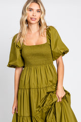 Light Olive Square Neck Smocked Puff Short Sleeve Tiered Midi Dress