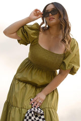 Light Olive Square Neck Smocked Puff Short Sleeve Tiered Maternity Midi Dress