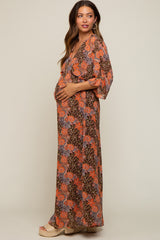 Brown Floral Paisley Chiffon Maternity Maxi Dress