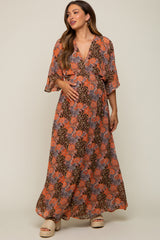 Brown Floral Paisley Chiffon Maternity Maxi Dress