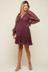 Purple Pleated Knotted Long Sleeve Maternity Dress