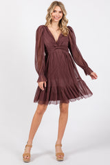 Plum Pleated Knotted Long Sleeve Dress