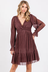 Plum Pleated Knotted Long Sleeve Dress