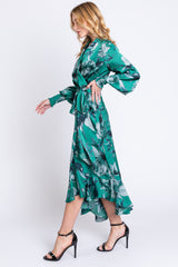 Green Satin Asymmetrical Flounce Trim Midi Dress