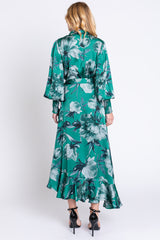 Green Satin Asymmetrical Flounce Trim Midi Dress