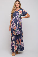 Navy Floral Wrap V-Neck Maternity Maxi Dress