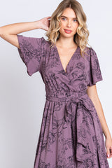 Purple Floral Wrap Front V-Neck Flutter Short Sleeve Maxi Dress