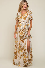 Cream Floral V-Neck Side Slit Maternity Dress