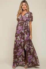 Brown Floral V-Neck Side Slit Maternity Dress