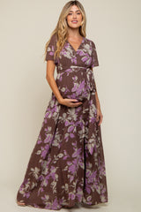 Brown Floral V-Neck Side Slit Maternity Dress