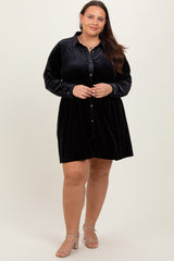 Black Velvet Button Down Maternity Plus Mini Dress