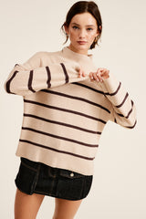 Beige Striped Mock Neck Maternity Sweater