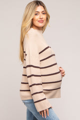 Beige Striped Mock Neck Maternity Sweater