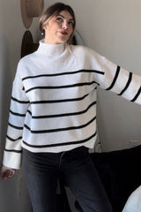 Ivory Striped Mock Neck Sweater