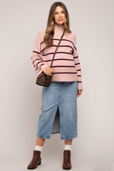 Light Pink Striped Mock Neck Maternity Sweater