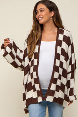 Brown Checkered Print Oversized Maternity Cardigan