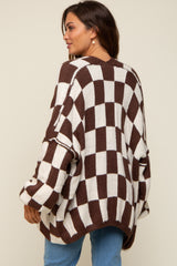 Brown Checkered Print Oversized Maternity Cardigan