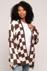 Brown Checkered Print Oversized Cardigan