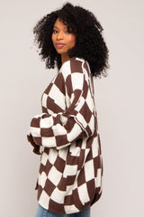 Brown Checkered Print Oversized Cardigan