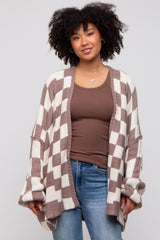 Taupe Checkered Print Oversized Cardigan