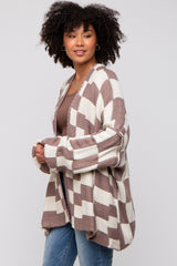 Taupe Checkered Print Oversized Cardigan