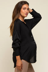 Black Striped Silky Maternity Button Down Blouse