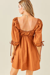 Rust Ruched Puff Sleeve Dress