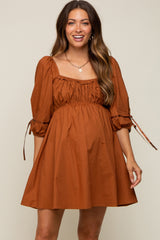 Rust Ruched Puff Sleeve Maternity Dress