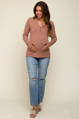 Taupe Button Front Long Sleeve Maternity Top