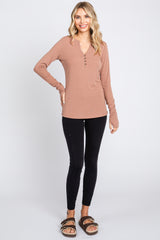 Taupe Button Front Long Sleeve Top