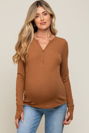 Camel Button Front Long Sleeve Maternity Top