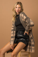 Mocha Houndstooth Long Cardigan