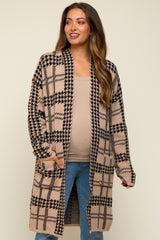 Mocha Houndstooth Long Maternity Cardigan