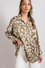 Light Olive Animal Print Long Sleeve Blouse