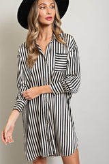 Black Cream Striped Collared Button-Down Dress