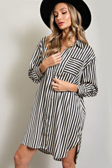 Black Cream Striped Collared Button-Down Dress