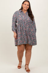 Teal Floral Paisley Button Up Maternity Plus Dress