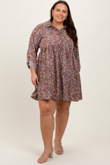 Brown Floral Paisley Button Up Plus Dress