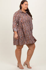 Brown Floral Paisley Button Up Plus Dress