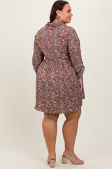 Brown Floral Paisley Button Up Plus Dress