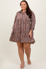 Brown Floral Paisley Button Up Maternity Plus Dress