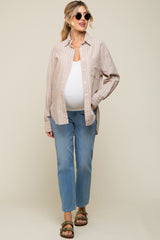 Beige Striped Button Up Long Sleeve Linen Maternity Top