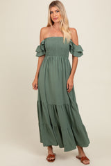 Olive Smocked Ruffle Off Shoulder Tiered Maxi Dress