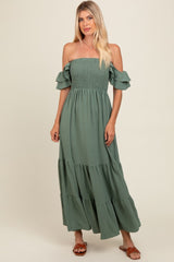 Olive Smocked Ruffle Off Shoulder Tiered Maternity Maxi Dress