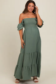 Olive Smocked Ruffle Off Shoulder Tiered Maternity Maxi Dress