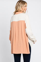 Rust Color Block Button Up Linen Top