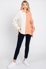 Rust Color Block Button Up Linen Top