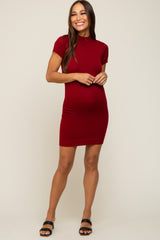 Burgundy Knit Mock Neck Fitted Maternity Dress