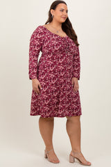 Burgundy Floral Ruched Long Sleeve Plus Dress